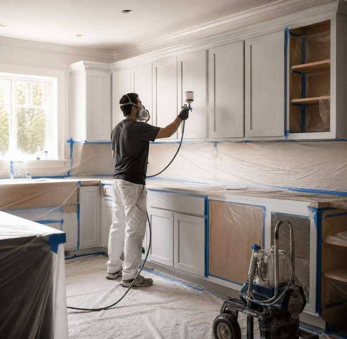 Cabinet painting — painter spray finishing kitchen cabinets