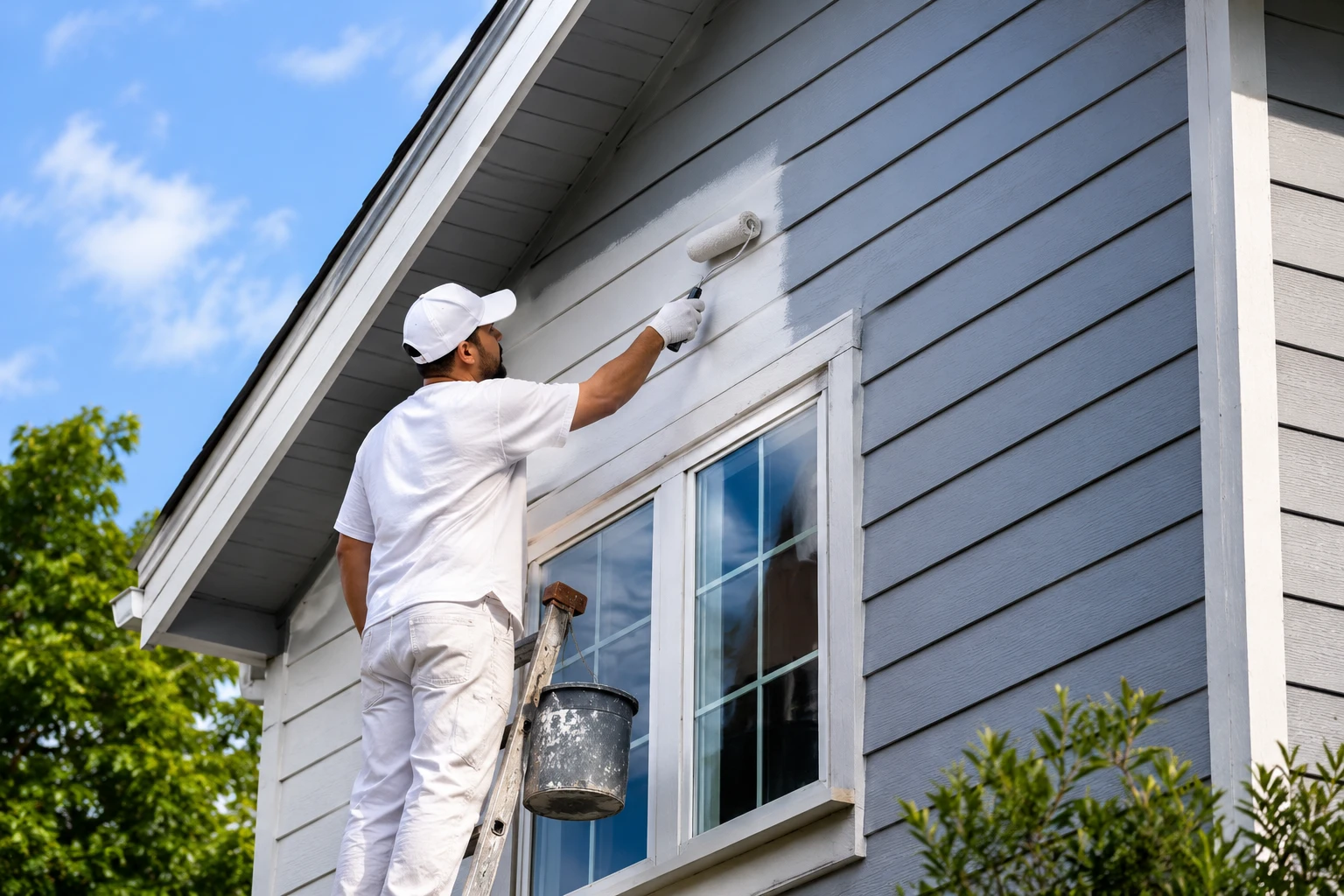 Exterior painting — painter on ladder painting house siding