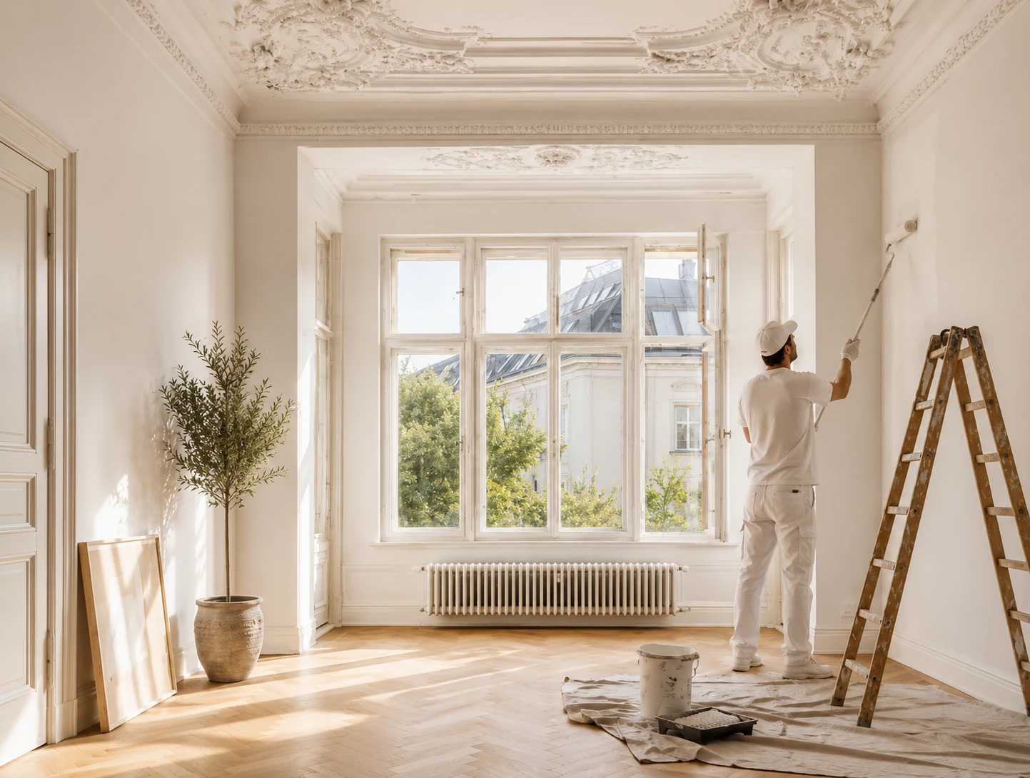 Interior painting — bright elegant room with ornate ceiling