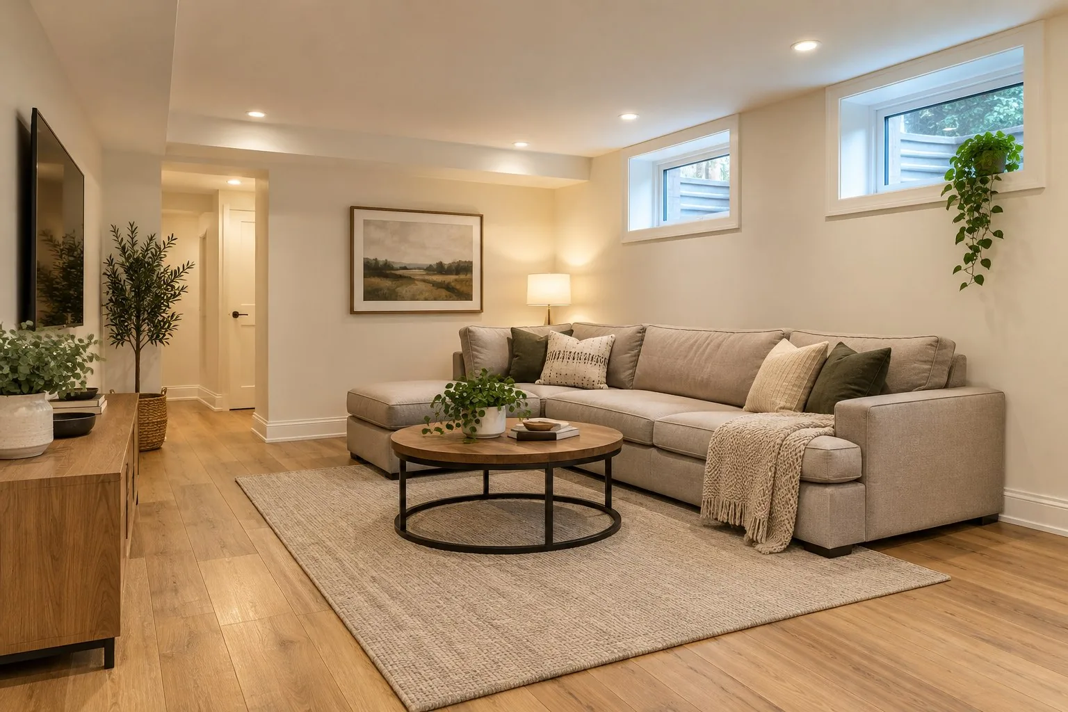 Basement painting Toronto — bright finished basement living area