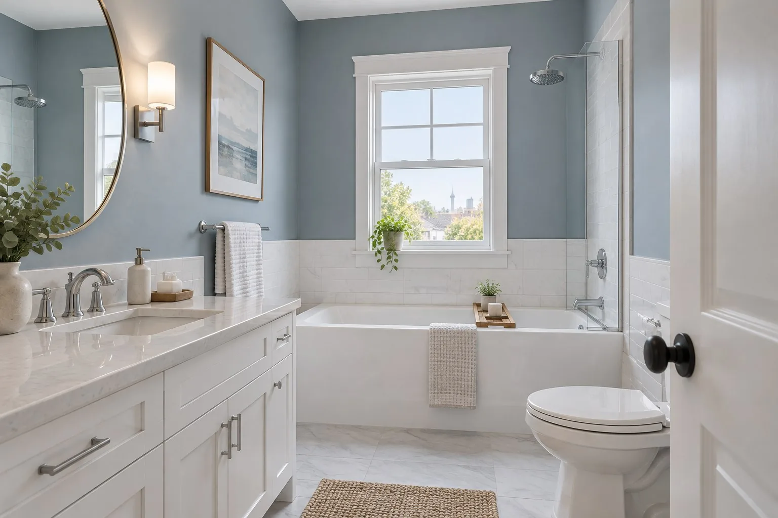 Bathroom painting Toronto — spa-style blue bathroom repaint