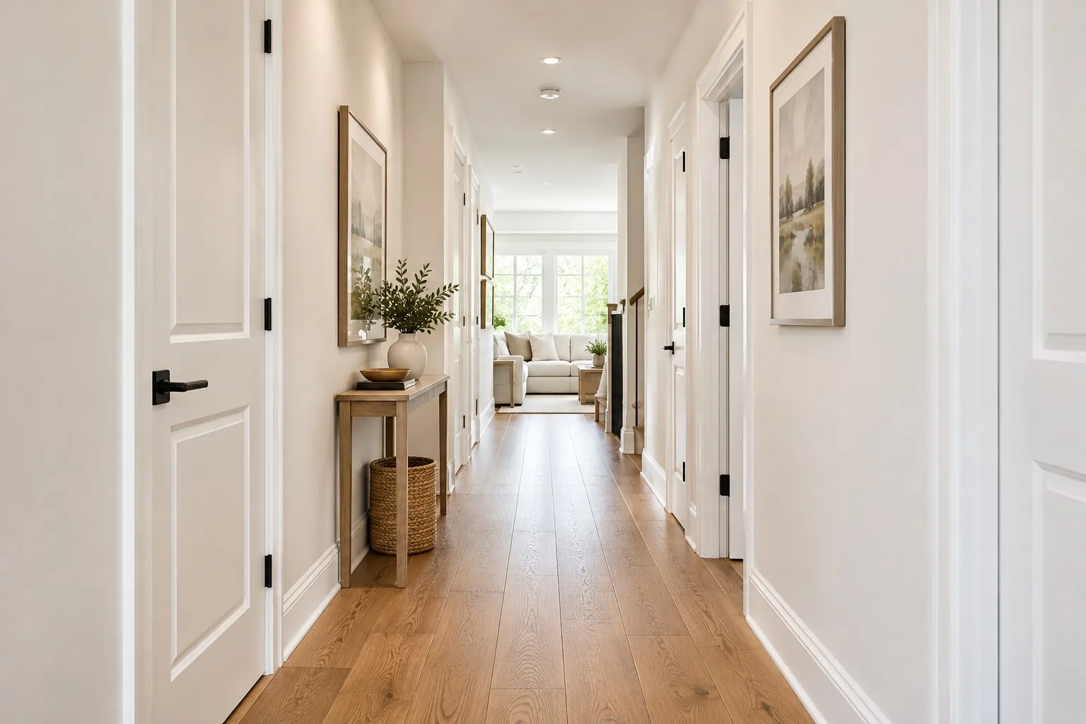 Hallway painting Toronto — crisp white hallway and trim
