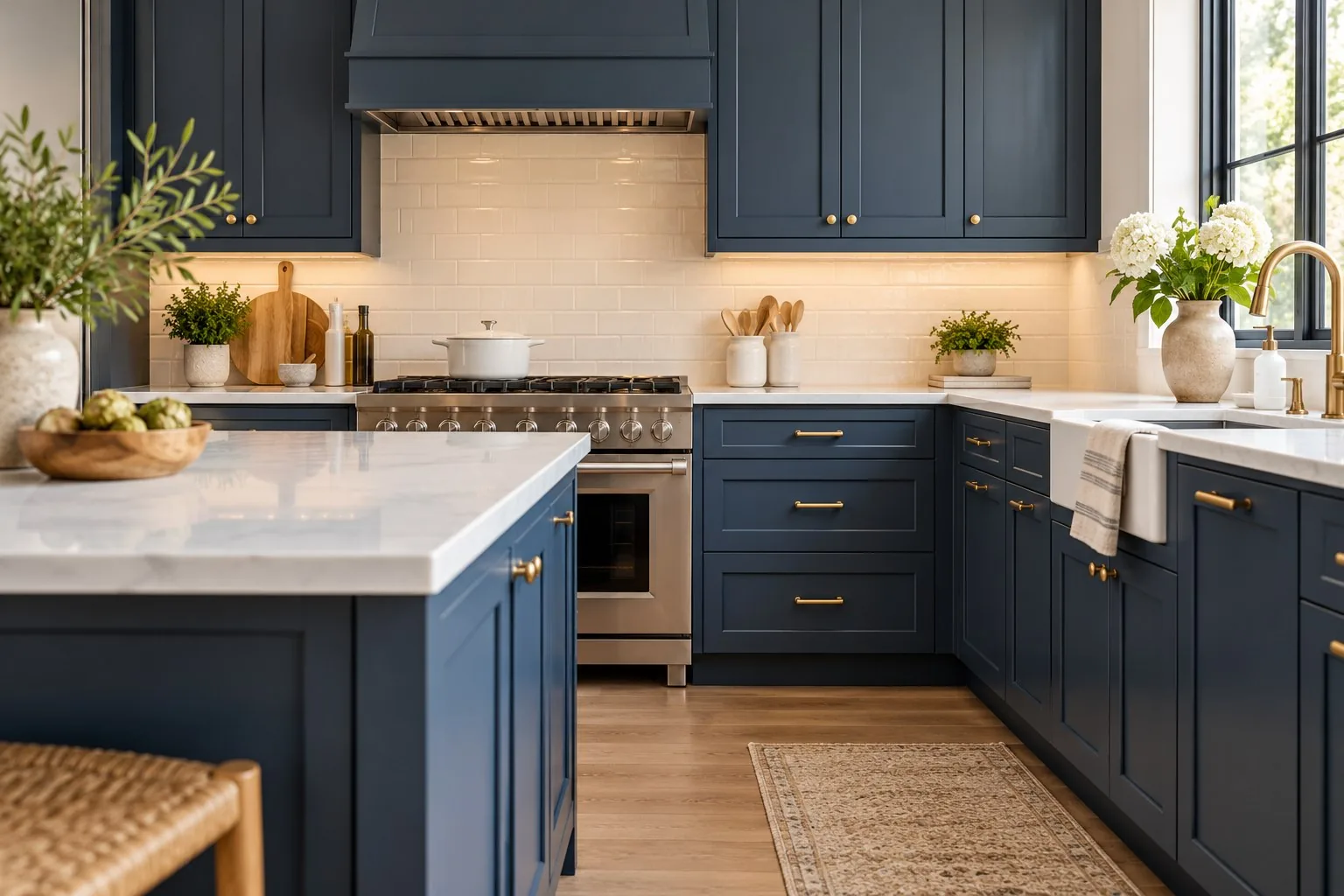 Kitchen cabinet painting Toronto — navy blue cabinets with gold hardware