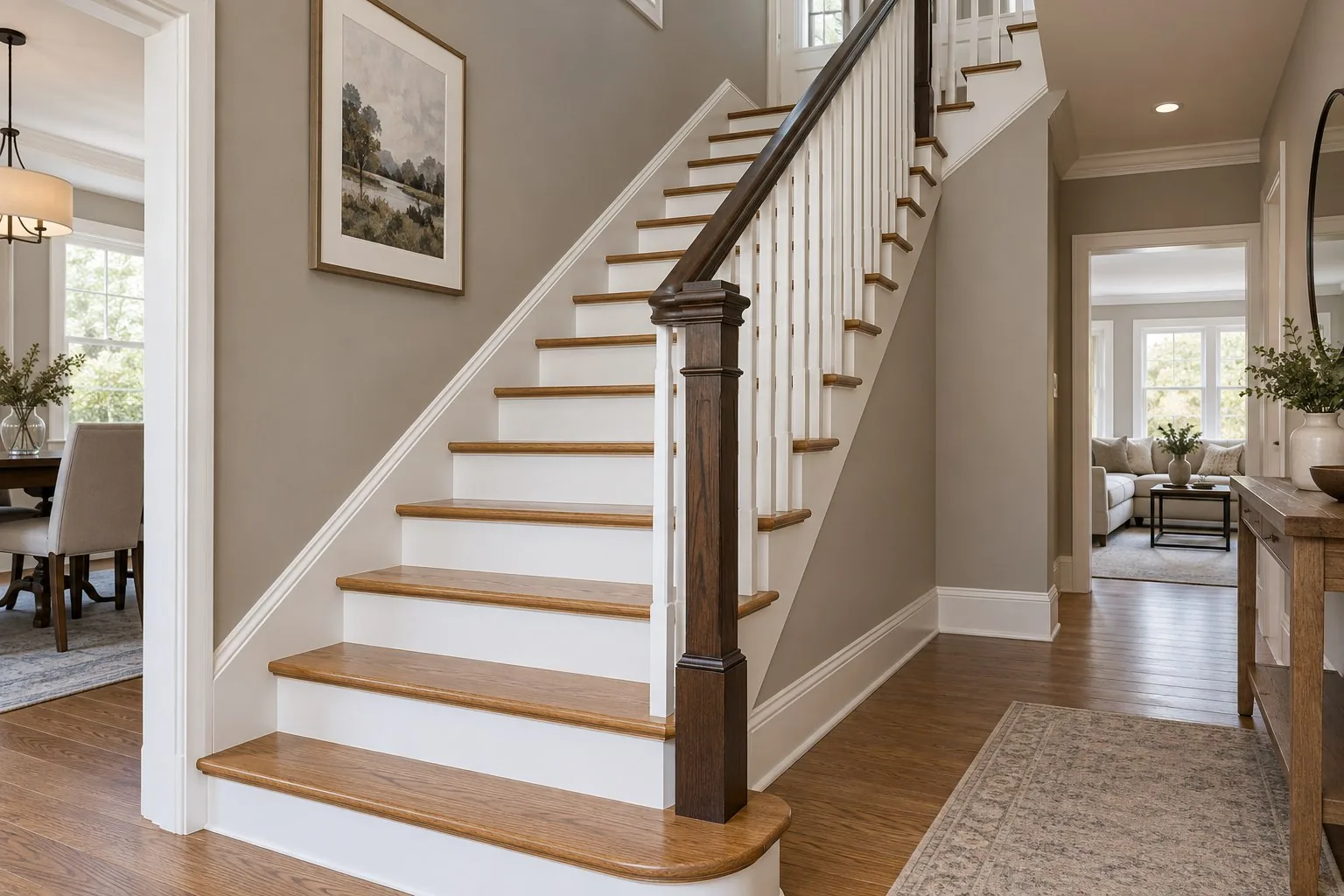 Staircase painting Toronto — elegant wood staircase with taupe walls